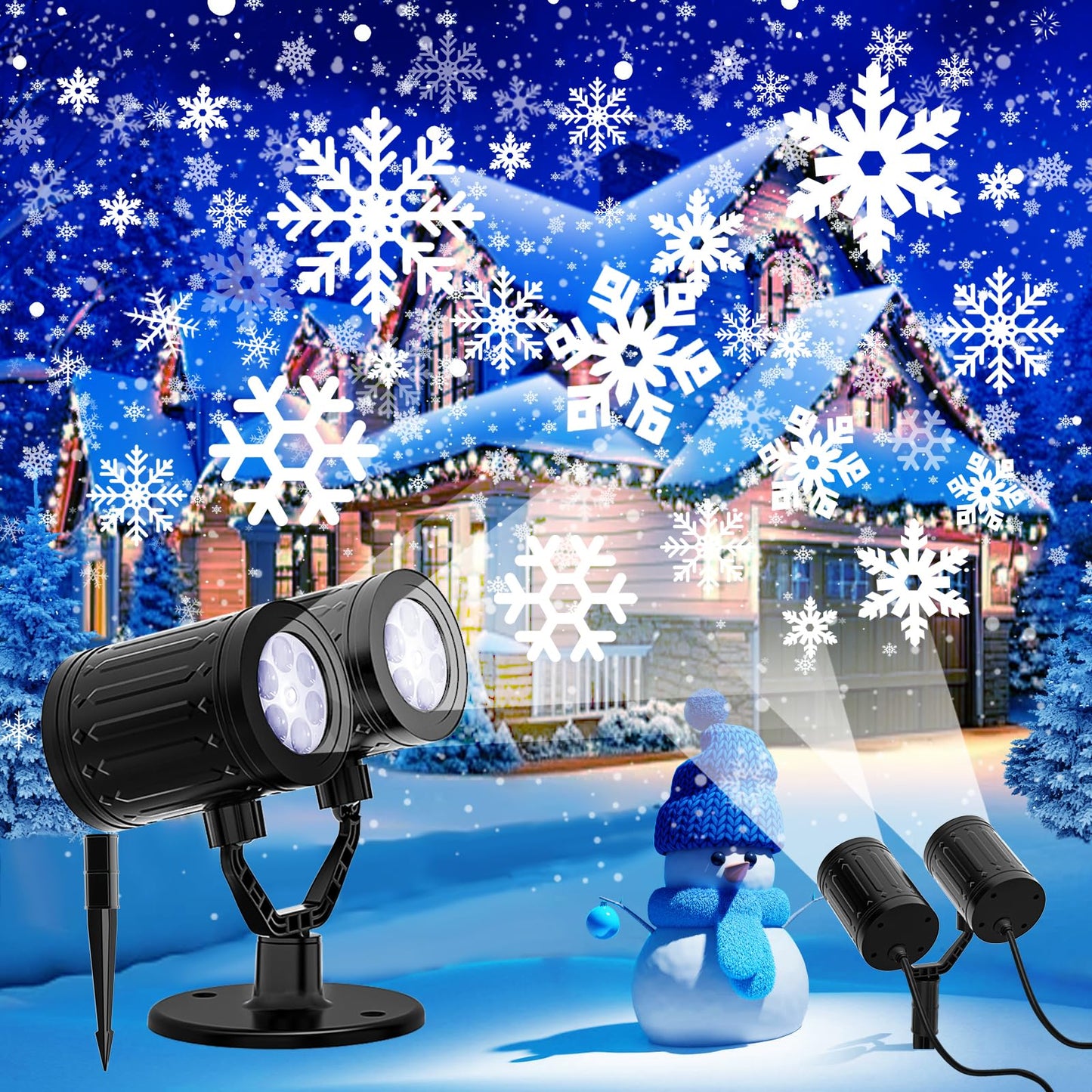2025 Upgraded Double Head Christmas Snowflake Projector Lights Outdoor, Timing Mode, IP65 Waterproof, 360°Roating LED Christmas Lights, for Xmas Holiday Party Christmas Decoration, Indoor, Houses