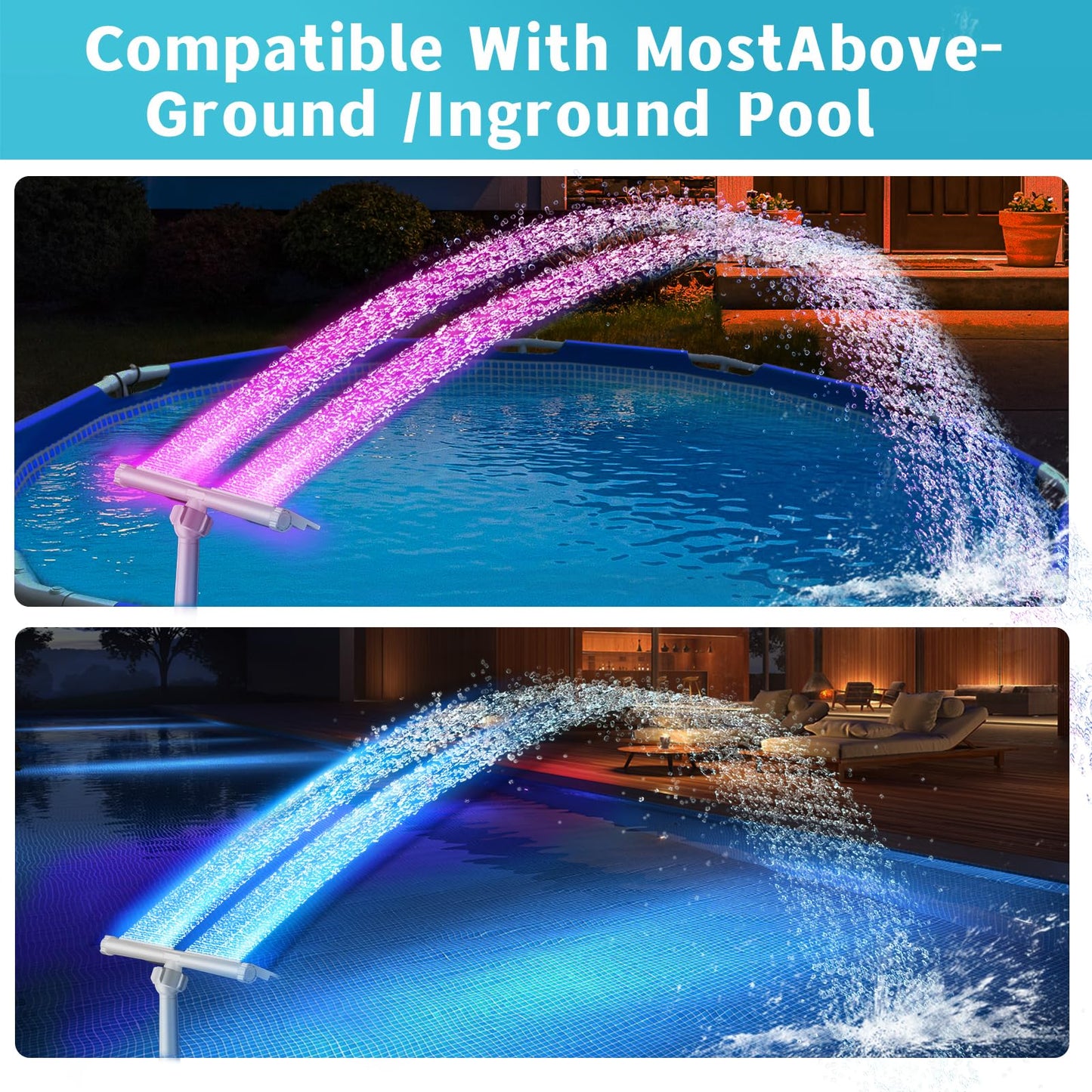 Solar Pool Fountain for Above and In-ground Pools, with 10-Color Lights and Auto Light Sensing Pool Sprinkler Fountain 360° Adjustable Dual Spray High Pressure Pool Waterfall