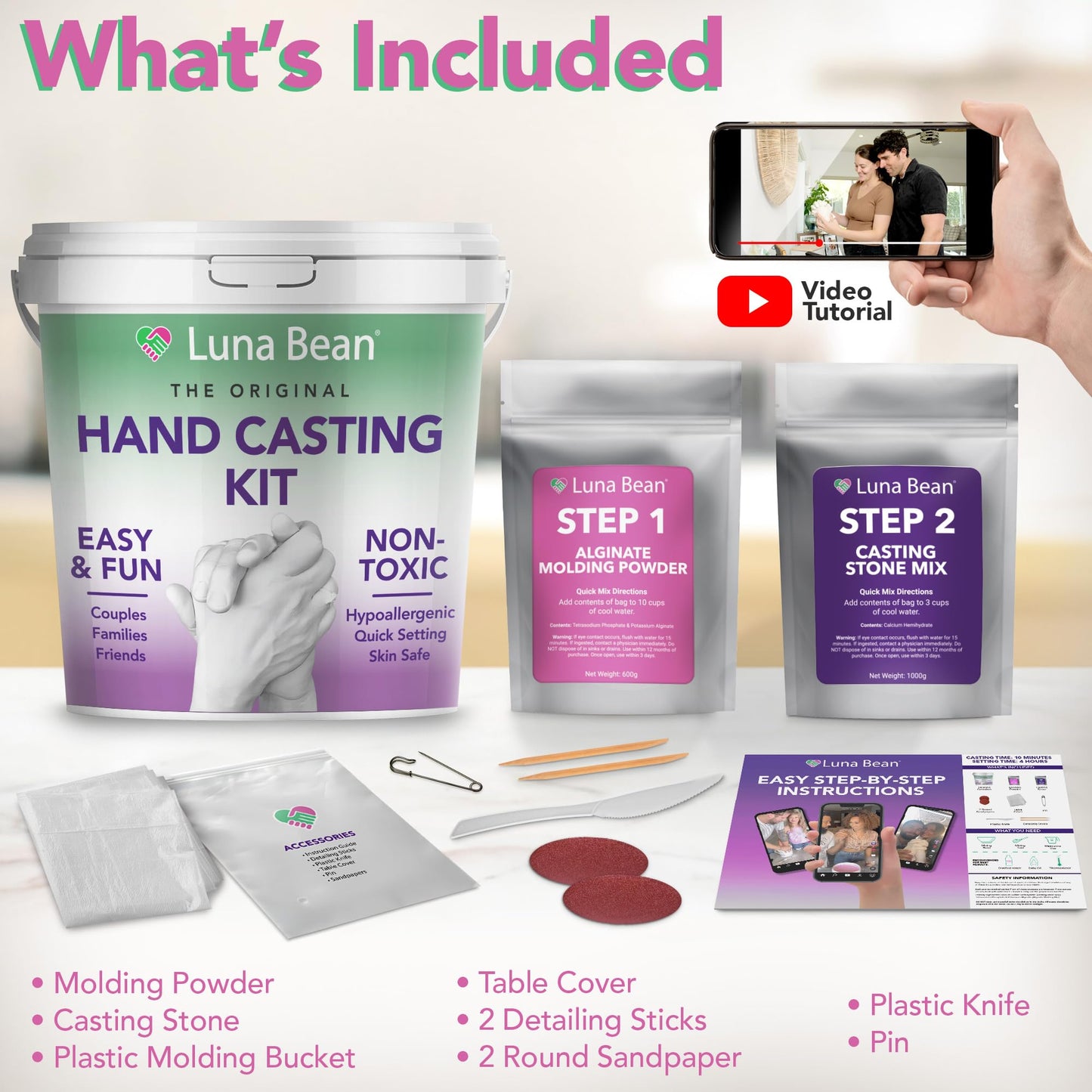 Luna Bean Hand Casting Kit – The Original Hand Mold Kit for Couples – Christmas Gifts for Women, Bridal Shower, Wedding, Engagement Gifts Her Him Anniversary Men Mom Wife Husband Boyfriend Girlfriend