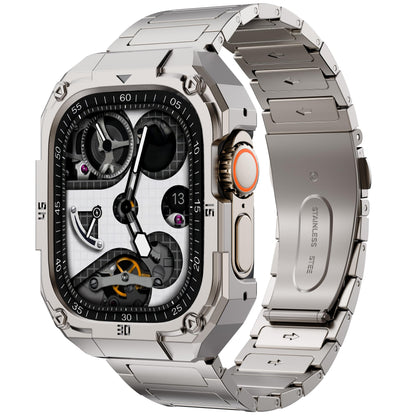 Stainless Steel Case with Band Compatiable for Apple Watch 44mm Bands -Rugged Metal iWatch Bumper Cover and Strap for Men iWatch Bands Series 6 5 4,Titanium