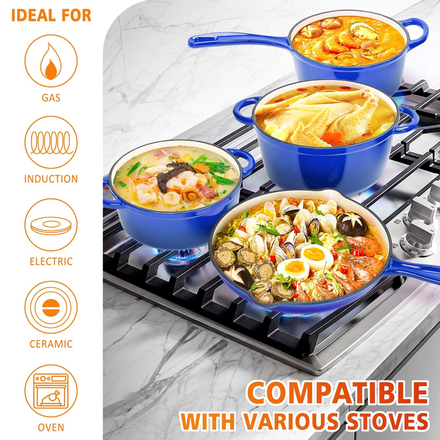7-Piece Enameled Cast Iron Cookware Set: Dutch Ovens, Skillet & Sauce Pan with Non-Stick Ceramic Coating - Oven Safe to 550°F, PFOA-Free (Cobalt Blue)