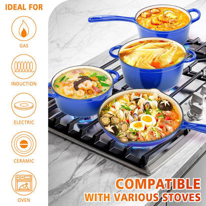 7-Piece Enameled Cast Iron Cookware Set: Dutch Ovens, Skillet & Sauce Pan with Non-Stick Ceramic Coating - Oven Safe to 550°F, PFOA-Free (Cobalt Blue)