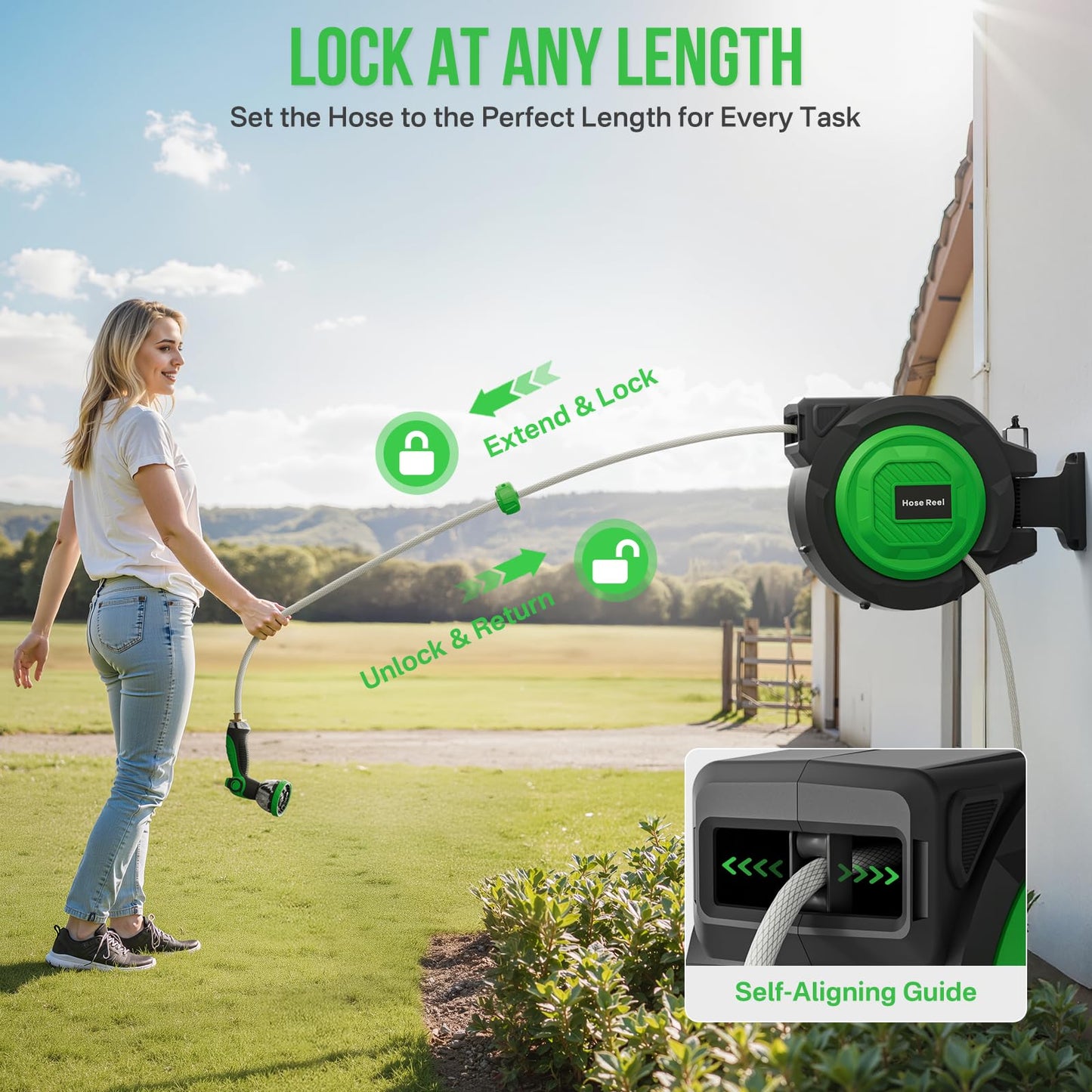 Retractable Garden Hose Reel, 1/2 in x 100 ft Heavy Duty Wall-Mounted Hose Reel with 180° Swivel Bracket, 10-Pattern Nozzle, Automatic Slow Return System, Any Length Lock for outside Watering,Cleaning