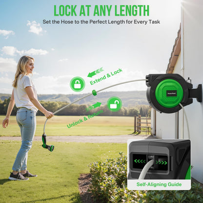 Retractable Garden Hose Reel, 1/2 in x 100 ft Heavy Duty Wall-Mounted Hose Reel with 180° Swivel Bracket, 10-Pattern Nozzle, Automatic Slow Return System, Any Length Lock for outside Watering,Cleaning