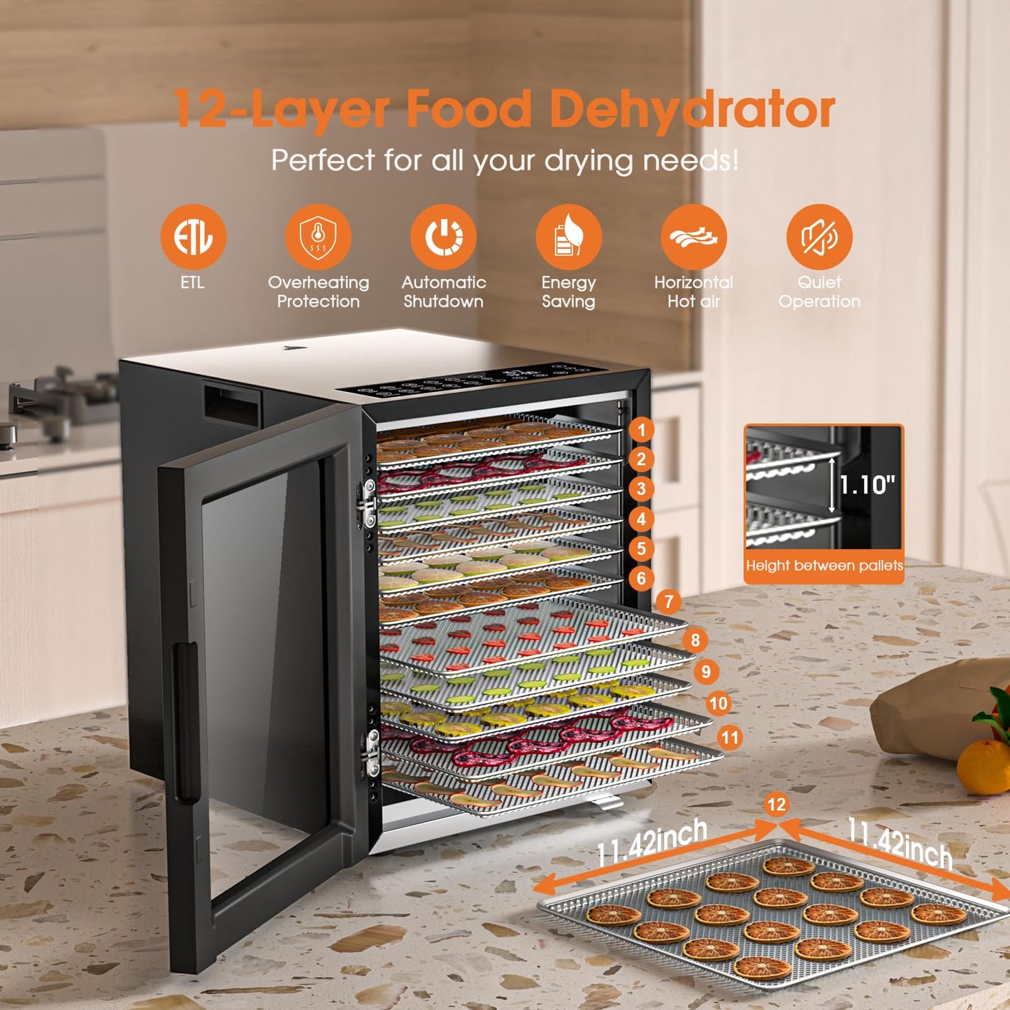 Food Dehydrator for Jerky, 12-Trays Stainless Steel Digital Food Dryer Machine for Home,10 Presets, 48H Timer and Temperature Control, 850W Dehydrators for Food and Jerky, Dog Treats,Meats & Veggies