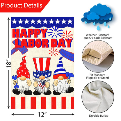 Louise Maelys Happy Labor Day Garden Flag 12x18 Double Sided Vertical, Burlap Small Gnome Garden Yard House USA Flags Banner Outdoor Outside Labor Day Decoration (ONLY FLAG)