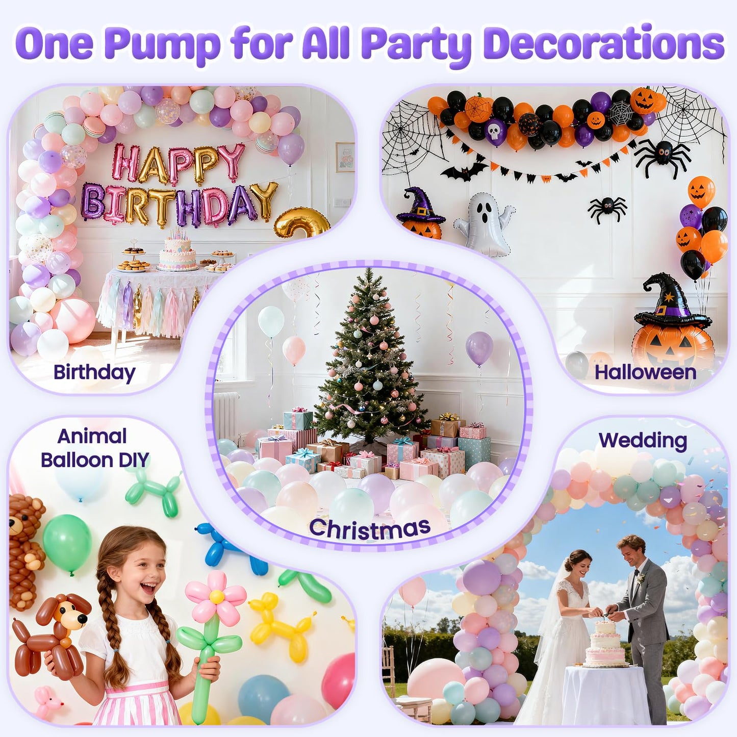 Keaibuding Electric Balloon Pump, 4-in-1 Balloon Blower with Triple Inflating Ports for All Balloons, Air Pump for Sports Balls, Inflator& Deflator for Inflatables with Dust-Proof Storage Bag (Purple)