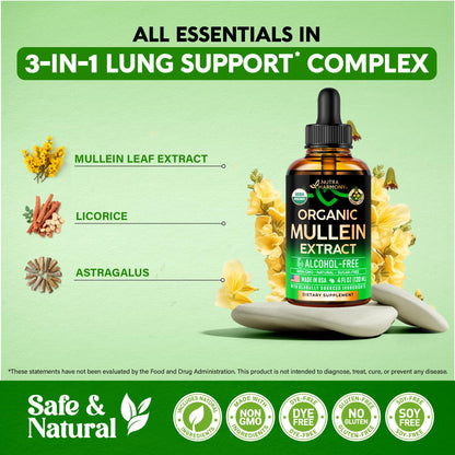 Mullein Drops for Lungs - USDA Organic Liquid - Mullein Leaf Extract Supplement - Made in USA - Lung & Bronchial Cleanse for Smokers - Respiratory Health Support - As Tincture, Tea, Pills - 4 fl oz