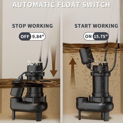 LANCHEZ 1HP 6600 GPH Submersible Sewage Pump, Heavy Duty Cast Iron Effluent Pump with Automatic Tethered Float Switch, Sump Pump for Sump Basin, Basement, Residential, 2" NPT Discharge
