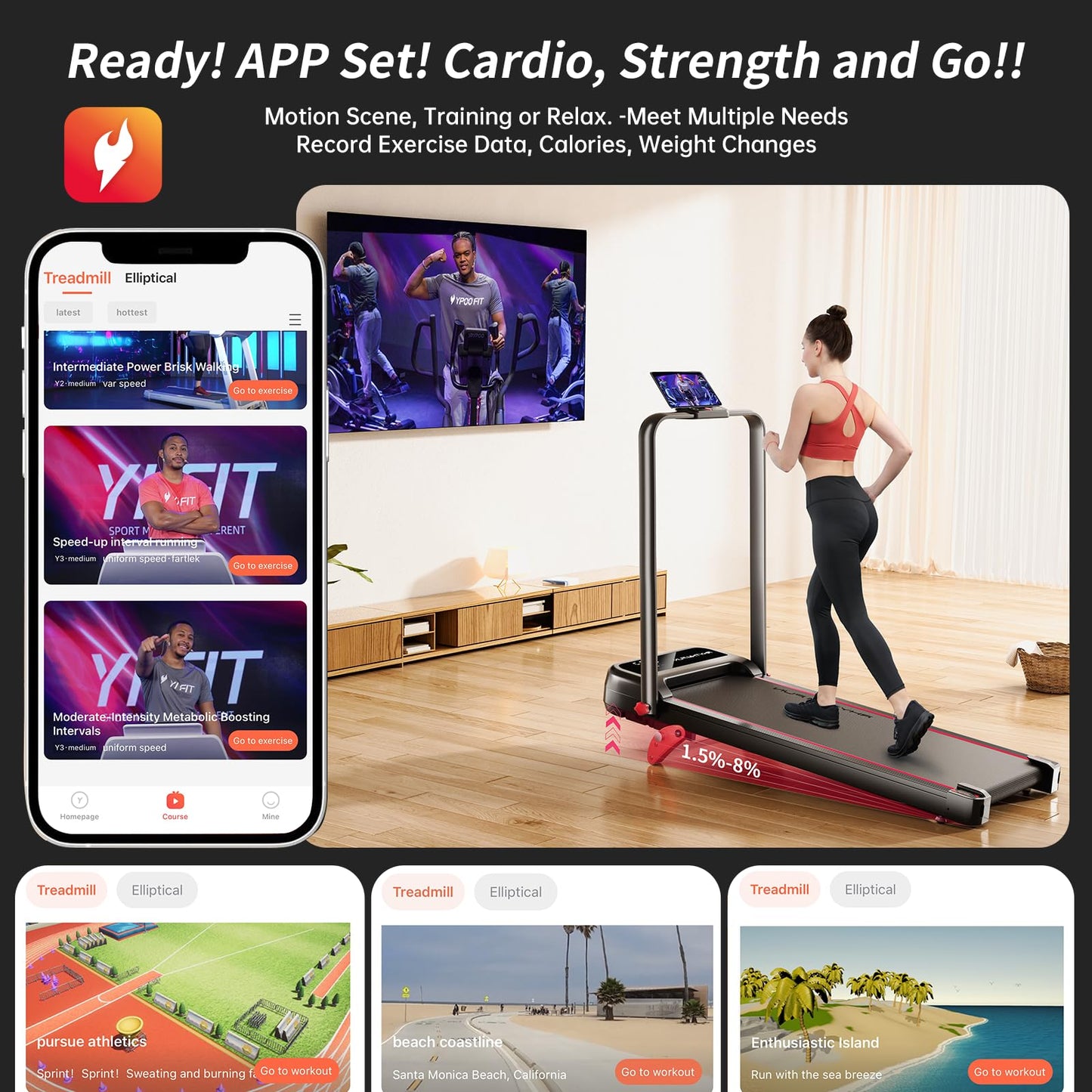 RHYTHM FUN Incline Foldable Treadmill, Walking Pad Treadmill with Incline, 300 lbs Portable Treadmills with Handles for Home Office Use, Under Desk Compact Walking pad with LED Display & APP