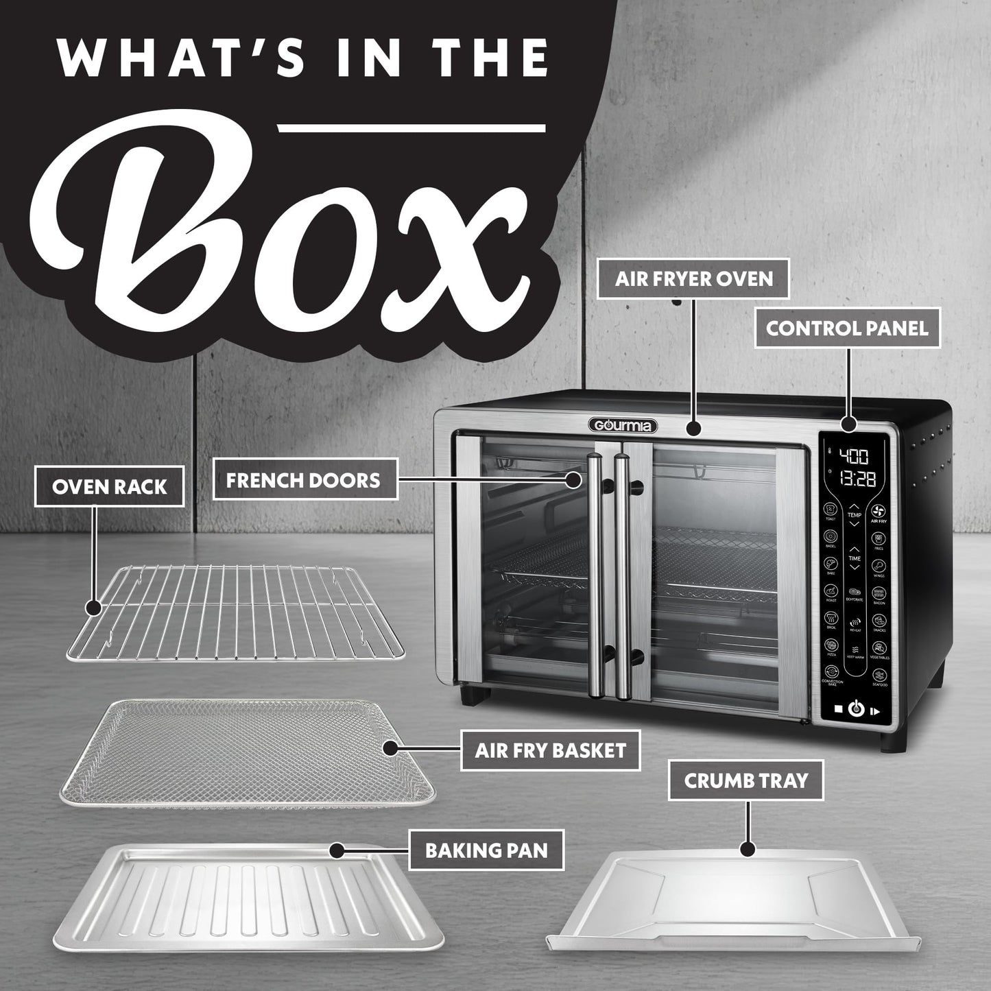 Gourmia French Door Air Fryer – 25 Qt Large Capacity Convection Oven, Fryfroce 360°, Digital Display with 17 Cooking Presets, Bake, Toast, Roast, Dehydrate, Fits 12” Pizza