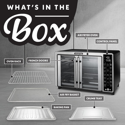 Gourmia French Door Air Fryer – 25 Qt Large Capacity Convection Oven, Fryfroce 360°, Digital Display with 17 Cooking Presets, Bake, Toast, Roast, Dehydrate, Fits 12” Pizza