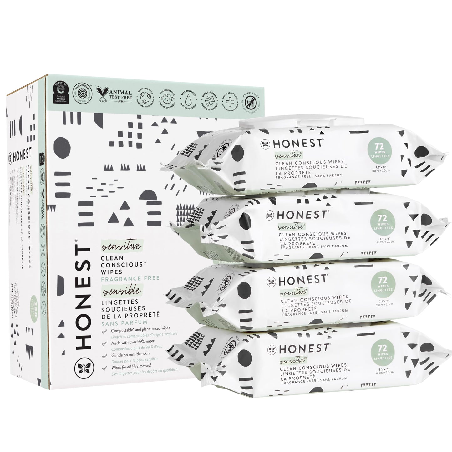 The Honest Company Clean Conscious Multi-Use Wipes | Hypoallergenic + Unscented for Sensitive Skin | Over 99% Water, Compostable, Plant Based, Baby Wipes | Pattern Play, 288 Count