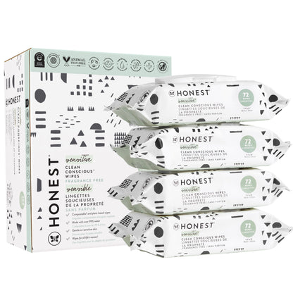 The Honest Company Clean Conscious Multi-Use Wipes | Hypoallergenic + Unscented for Sensitive Skin | Over 99% Water, Compostable, Plant Based, Baby Wipes | Pattern Play, 288 Count