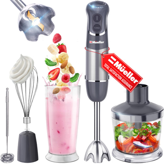 Mueller Multistick 800W 4-in-1 Immersion Blender Handheld, 12 Speed Hand Mixer - Turbo Boost, Heaviest Duty Copper Motor, Titanium Blades Hand Blender, Milk Frother Wand, Whisk, Beaker, Chopper, Grey