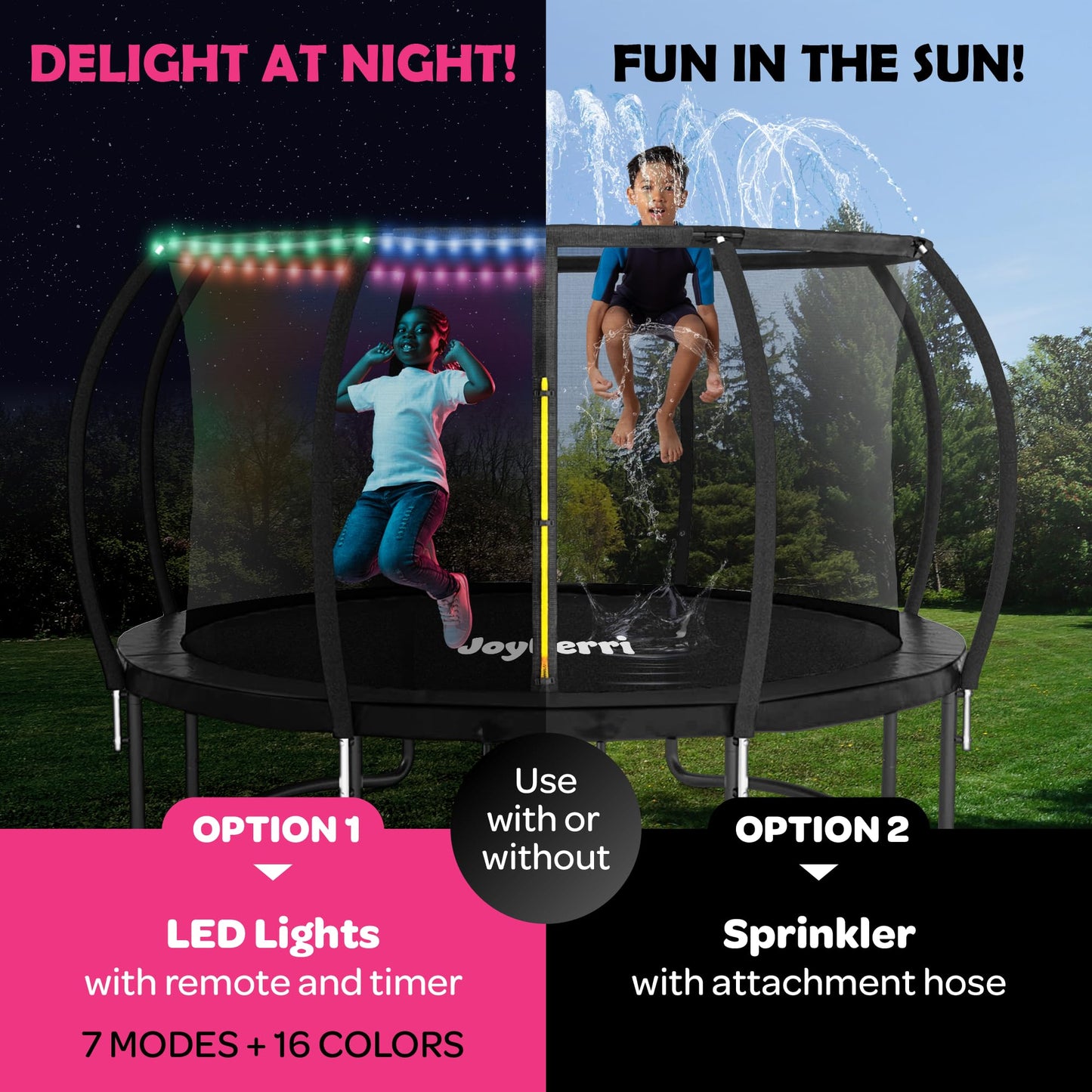 JoyBerri Trampoline Outdoor - ASTM Certified Safe, 8Ft, 10Ft, 12Ft, 14Ft, 15Ft, 16Ft Recreational Trampoline for Kids and Adults. Anti-Rust Coating with Enclosure Net, Ladder, Sprinkler & LED Lights