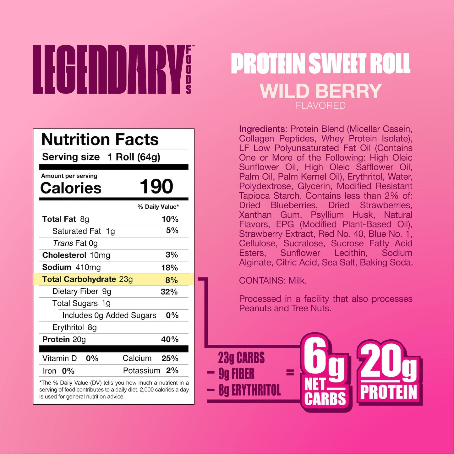 Legendary Foods 20g Protein Wild Berry Sweet Roll - Premium High Protien Bars, Low Carb Meal Replacement Snack, Low Glycemic Index, Gluten Free Snacks - Zero Sugar, Keto and Diabetic Friendly 10-Pack