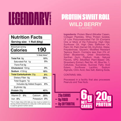 Legendary Foods 20g Protein Wild Berry Sweet Roll - Premium High Protien Bars, Low Carb Meal Replacement Snack, Low Glycemic Index, Gluten Free Snacks - Zero Sugar, Keto and Diabetic Friendly 10-Pack
