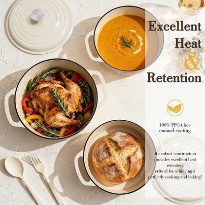 Umite Chef 6QT Enameled Cast Iron Dutch Oven with Lid, Versatile Heavy-Duty Cookware Pot for Baking Bread, Braising, Soups & Stews, Oven & Stovetop Safe with Heat Resistant Gloves（Cream White）