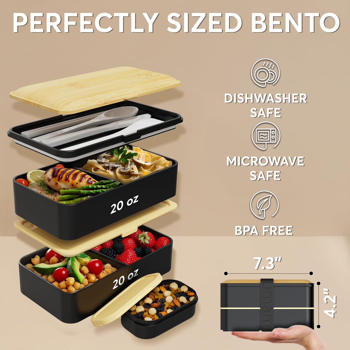 Umami Bento Box Adult All-In-1 w/4 Utensils, Big Sauce Jars, 2 Dividers, 100% Leakproof, Microwave & Dishwasher Safe, Stackable Bento Lunch Box Containers for Men/Women, Black & Bamboo, 40 oz
