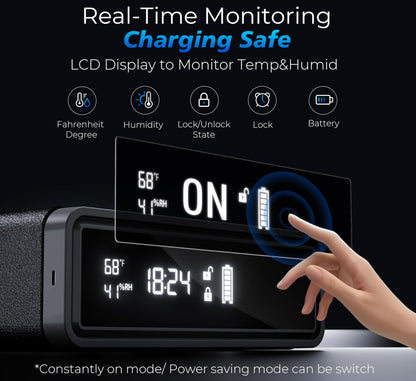 Smart Biometric Safe with Wireless Charging for Phone & Watch, 3 Access Methods to Unlock, Nightstand Drawer Safe LED Display with Humidity & Temperature Monitoring, Stopbox for Cash and Valuables