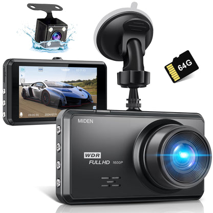 Miden S7 2.5K Dash Cam Front and Rear,64G SD Card,1600P+1080P FHD Dual Dash Camera for Cars,176°+160° Wide Angle,3.2'' IPS Screen Dashcam,G-Sensor,Loop Recording,WDR,Night Vision,24H Parking Monitor