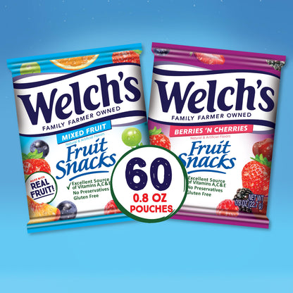 Welch's Fruit Snacks, Mixed Fruit & Berries 'N Cherries Variety Pack, Perfect Halloween Candy Bulk Pack, Gluten Free, 0.8 oz Individual Single Serve Bags (Pack of 60)