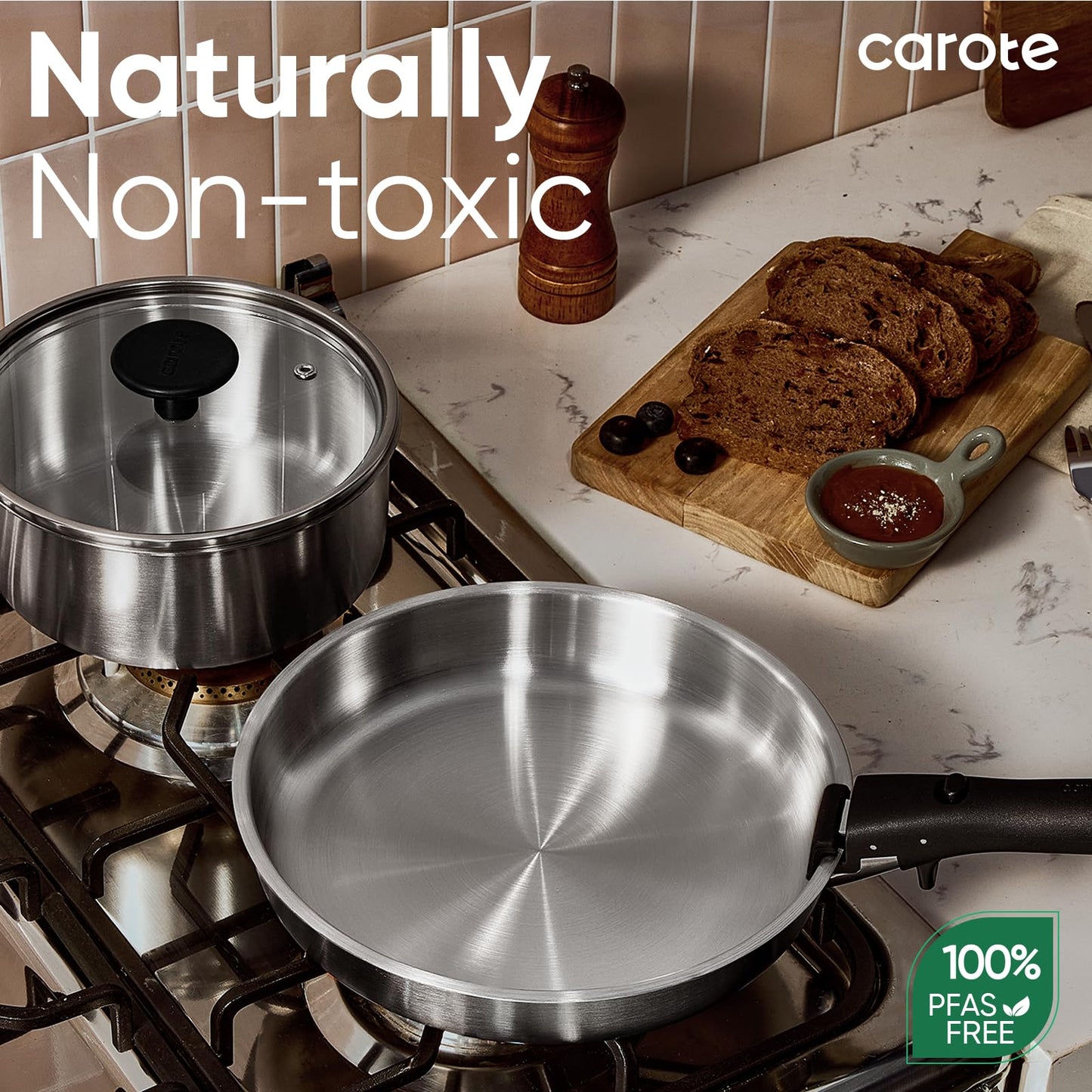 CAROTE Pots and Pans Set, Tri- Ply Stainless Steel Cookware Set Detachable Handle, 9pcs Induction Kitchen Cookware Sets with Removable Handle, RV Cookware Set, Oven Safe