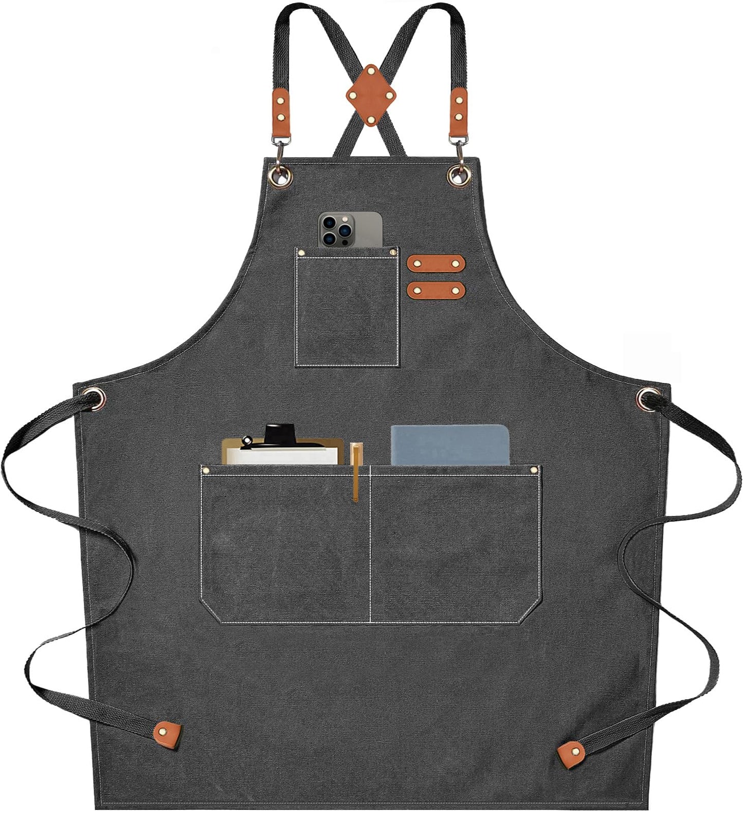 AFUN Chef Aprons for Men Women with Large Pockets, Cotton Canvas Cross Back Heavy Duty Adjustable Work Apron, Size M to XXL(Grey)