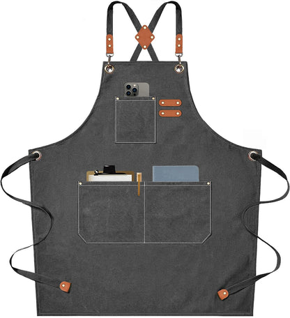 AFUN Chef Aprons for Men Women with Large Pockets, Cotton Canvas Cross Back Heavy Duty Adjustable Work Apron, Size M to XXL(Grey)