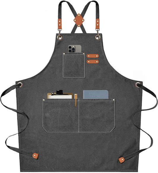 AFUN Chef Aprons for Men Women with Large Pockets, Cotton Canvas Cross Back Heavy Duty Adjustable Work Apron, Size M to XXL(Grey)