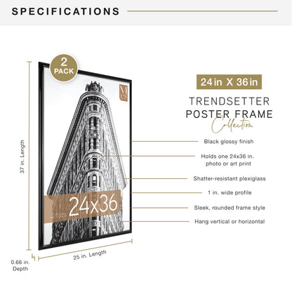 MCS Trendsetter 24x36 Poster Frame Black High-Gloss, Vertical & Horizontal Wall Hanging Large Picture Frame for Photos, Posters & Art Prints (2-Pack)