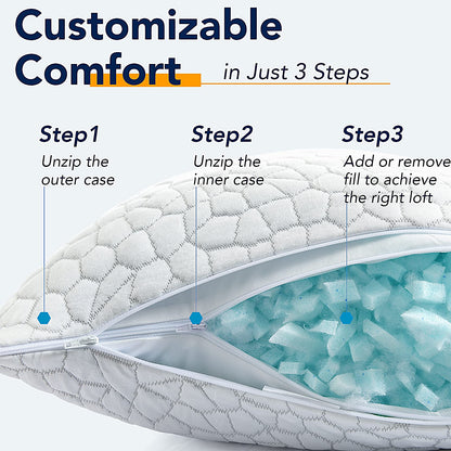 QUTOOL Cooling Pillows for Sleeping 2 Pack, Shredded Memory Foam Bed Pillows Queen Size Set of 2, Cool Pillow for Hot Sleepers Adjustable Firm Pillow for Side, Back and Stomach Sleepers Supportive