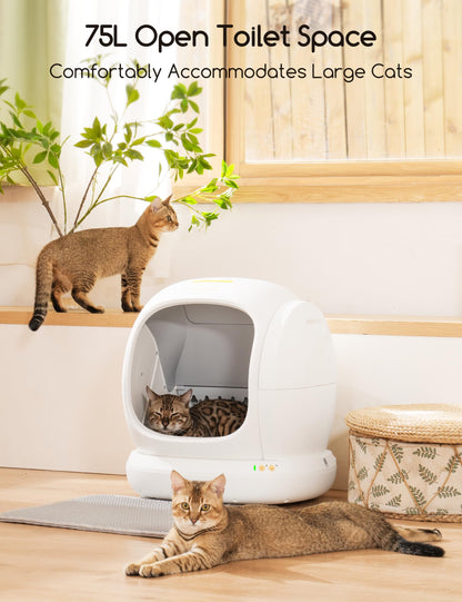 MeoWant Self-Cleaning Cat Litter Box, 75L Extra Large Open Automatic Cat Litter Box for Multi Cats, Integrated Safety Protection/APP Control/Odor Removal Smart Litter Box with Mat & Liner