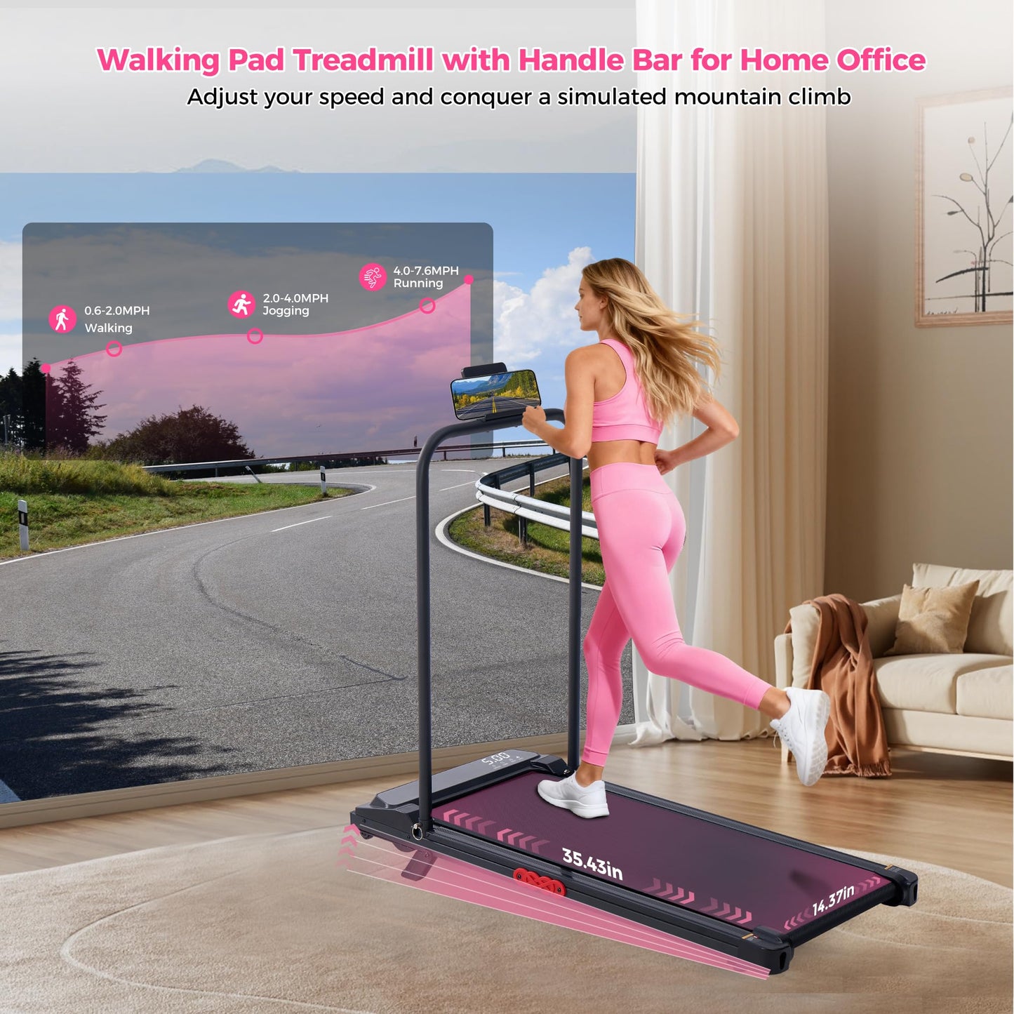 Walking Pad with Incline, 2026 Upgrade Electric Small Walking Pad with Handle Bar, 3.0HP Protable Walking Pad Treadmill with Handles and Incine for Home Small, 0.6-7.6MPH, 350LBS