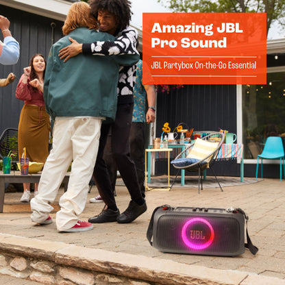 JBL PartyBox On-The-Go Essential - Portable party speaker with built-in lights and wireless mic, Amazing Pro Sound, IPX4 splashproof protection, 6 hours of playtime, Convenient shoulder strap