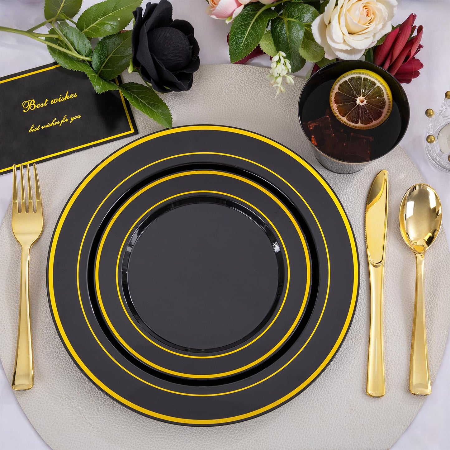 WELLIFE 600 PCS Black and Gold Disposable Dinnerware Set for 100 Guests, Gold rimmed Plastic Dinner Plates,Salad Plates,Cups,Silverware Set for New Year Party Supplies