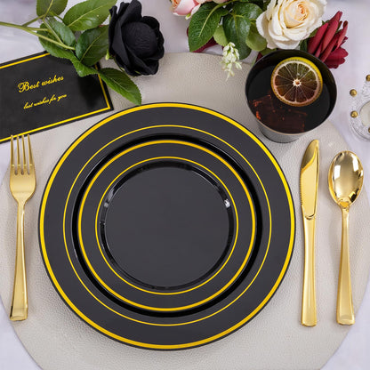 WELLIFE 600 PCS Black and Gold Disposable Dinnerware Set for 100 Guests, Gold rimmed Plastic Dinner Plates,Salad Plates,Cups,Silverware Set for New Year Party Supplies