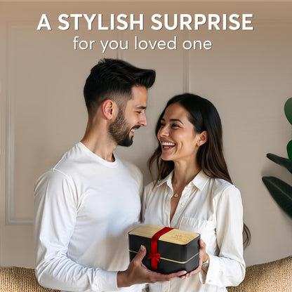 Umami Bento Box Adult All-In-1 w/4 Utensils, Big Sauce Jars, 2 Dividers, 100% Leakproof, Microwave & Dishwasher Safe, Stackable Bento Lunch Box Containers for Men/Women, Black & Bamboo, 40 oz