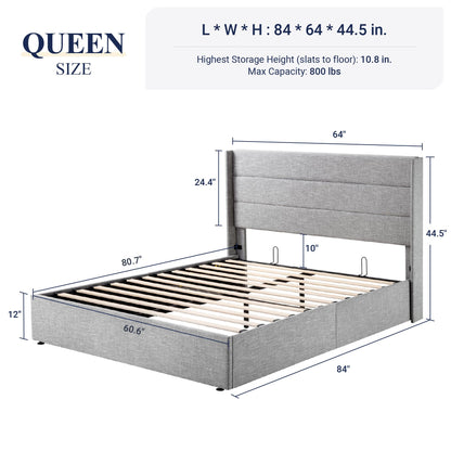 Allewie Queen Size Lift Up Storage Bed, Modern Wingback Headboard, Hydraulic Support, No Box Spring Needed, Light Grey