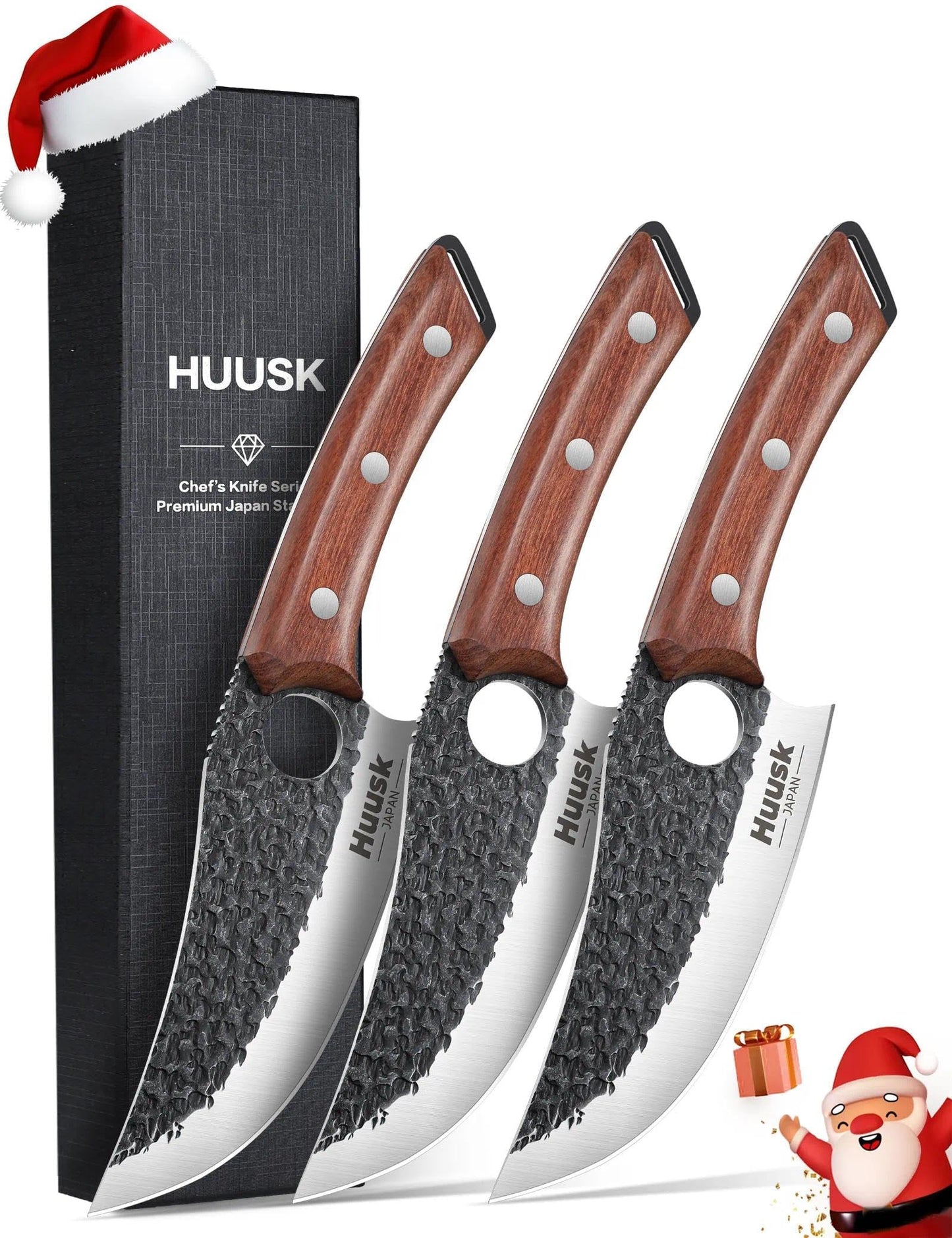 Huusk Viking Knife Set of 3, Japanese Butcher Knife Set for Meat Cutting, Hand Forged Boning Knives with Wood Handle, Japanese High Carbon Steel, for Camping, Outdoor, BBQ, Christmas Gifts for Men