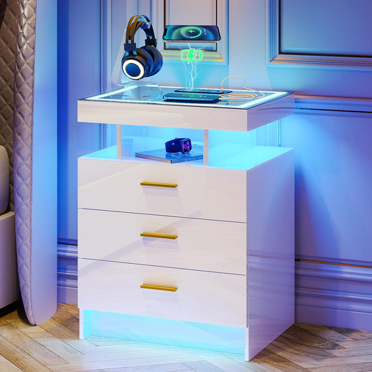 Lvifur LED Nightstand with Wireless Charging Station, Auto Sensor 3 Color Dimmable Night Stand, Modern Bedside Table with 3 Drawers & 3 Open Compartments for Bedroom, White