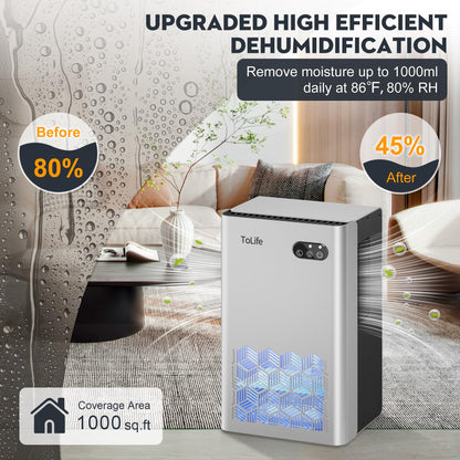 ToLife Dehumidifier, 95 OZ Water Tank, 1000 sq.ft Dehumidifiers for Home Bedroom Basement Bathroom with Auto Shut Off, 7 Colors LED Light,Silver