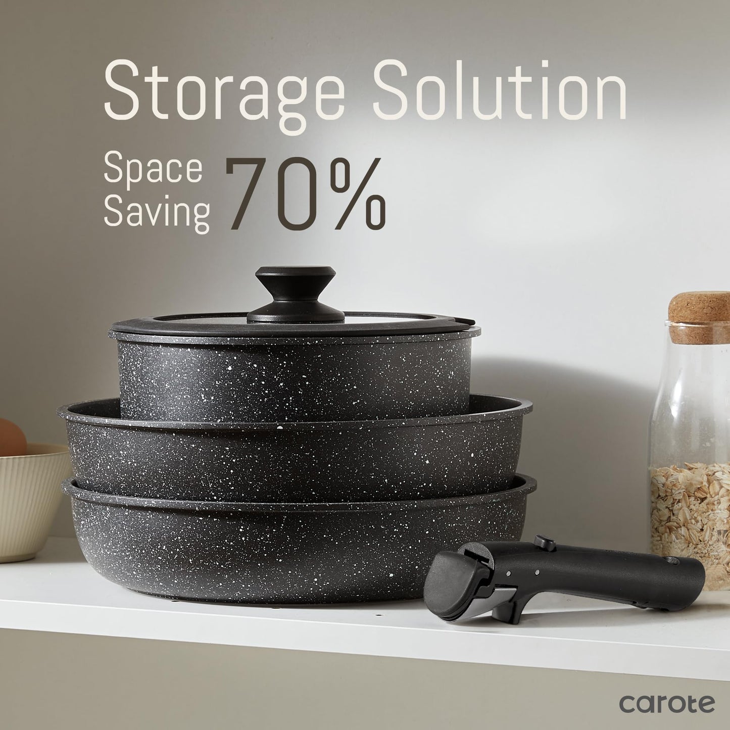 CAROTE 23pcs Pots and Pans Set Non Stick, Cookware Sets, Kitchen Set, Oven/Dishwasher/Fridge Safe, Space Saving Pots Set, Nonstick Set with Versatile Detachable Handle, Induction RV Set, Black