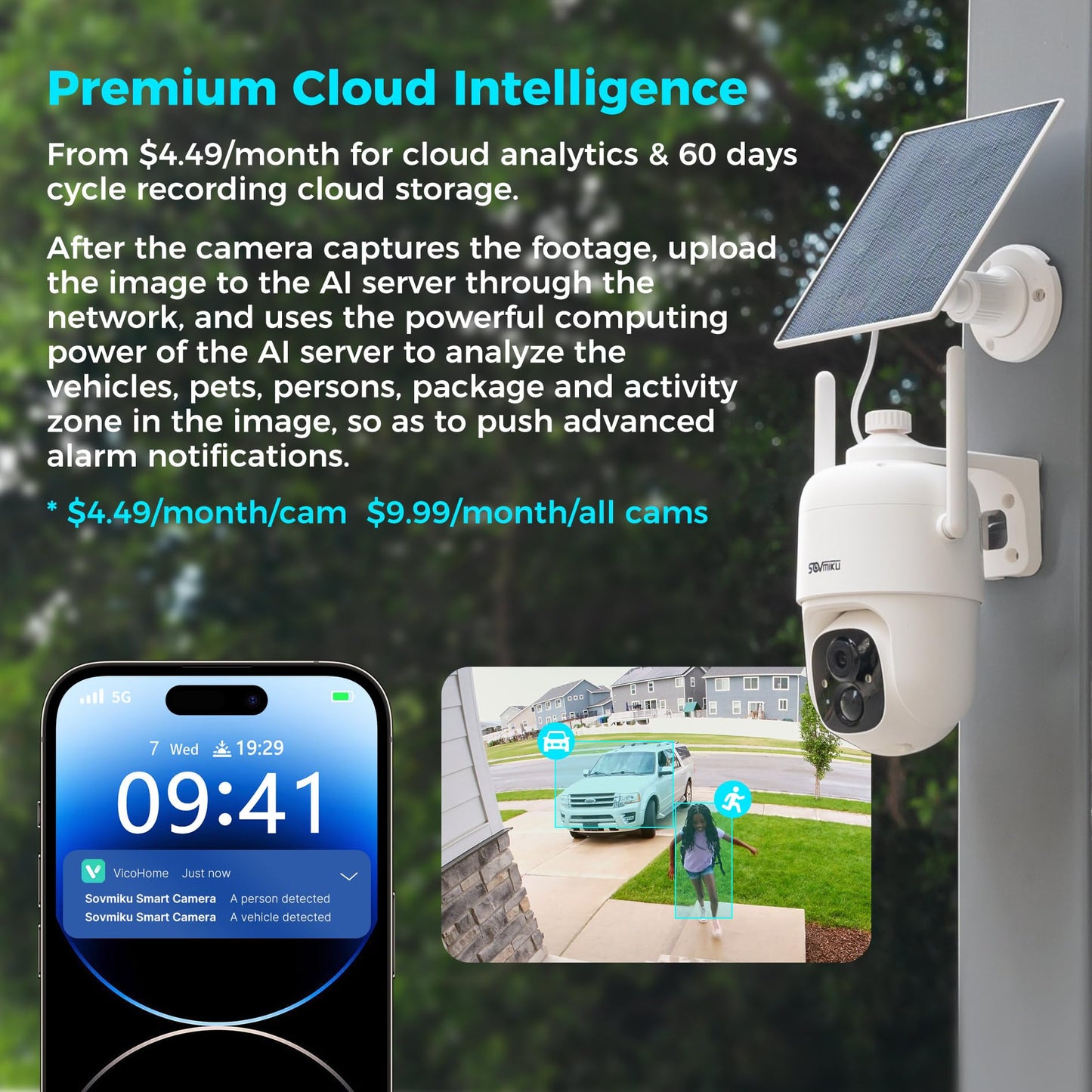 SOVMIKU 2CQ1 AI 2K Solar Security Camera Wireless Outdoor, Battery Powered,Two Way Audio,Motion Detection, 360° View,Easy to Setup,Color Night Vision,Audible Flashlight Siren,180 Days Exchange Policy