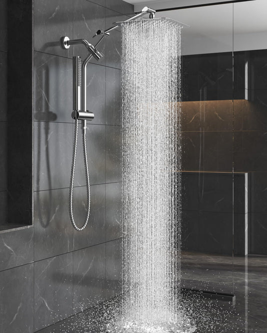Veken 10" Luxurious All Metal Rain Shower Head with Handheld Spray Combo, High Pressure Rainfall Square Shower Heads with Extention Arm, Wide Dual Showerhead, Bathroom Accessories, Chrome, Silver