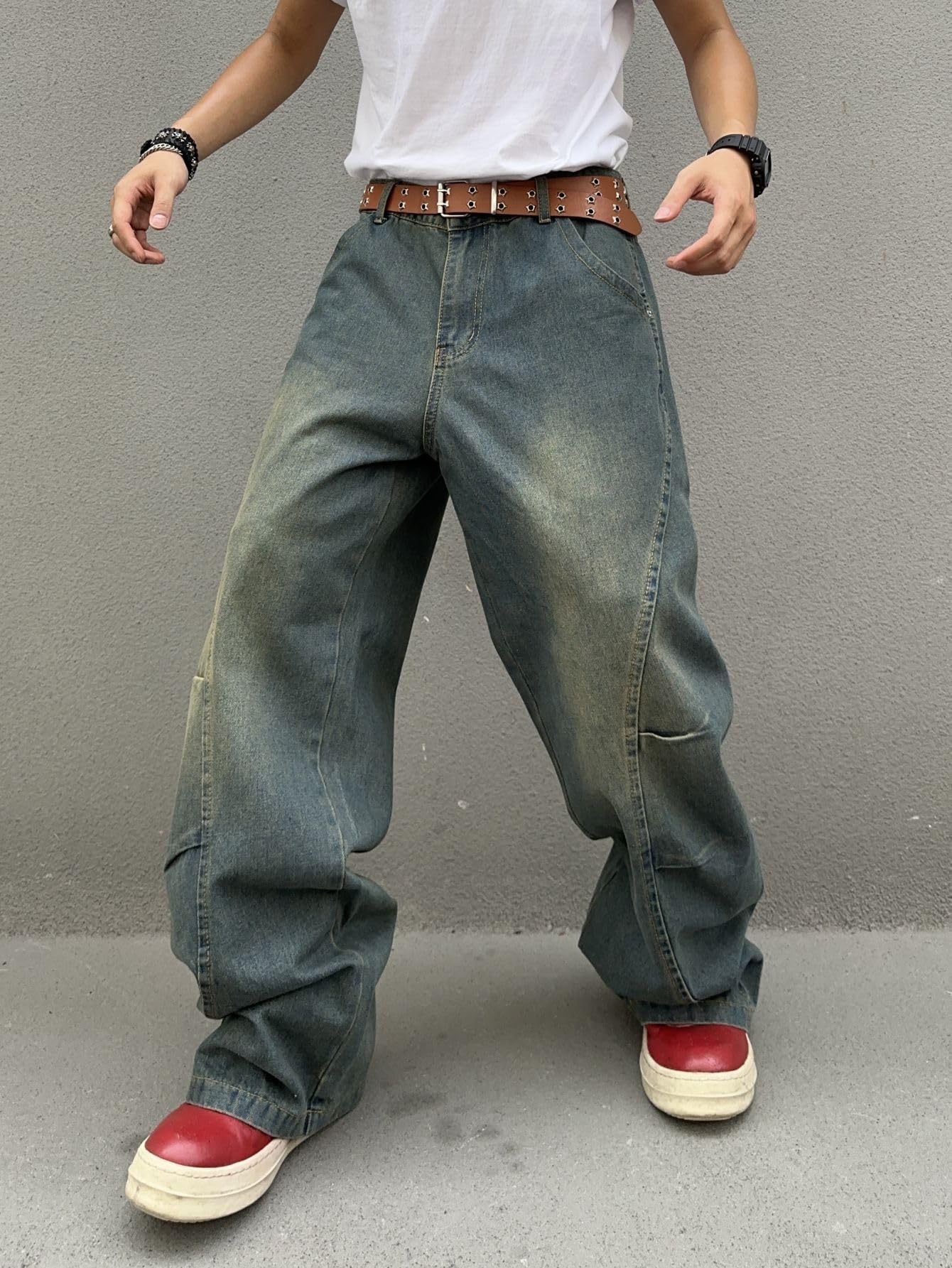 DFGIGT Men's Irregular Sutures Y2k Hip Hop Baggy Jeans Wide Leg Denim Pants Casual Loose Fit Trousers Streetwear Jinco 2000s Extreme Relaxed Skater Skateboard Nostalgia Retro,A11 Blue,Large