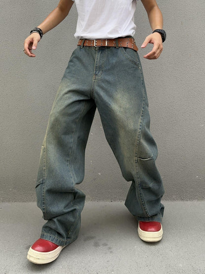 DFGIGT Men's Irregular Sutures Y2k Hip Hop Baggy Jeans Wide Leg Denim Pants Casual Loose Fit Trousers Streetwear Jinco 2000s Extreme Relaxed Skater Skateboard Nostalgia Retro,A11 Blue,Large
