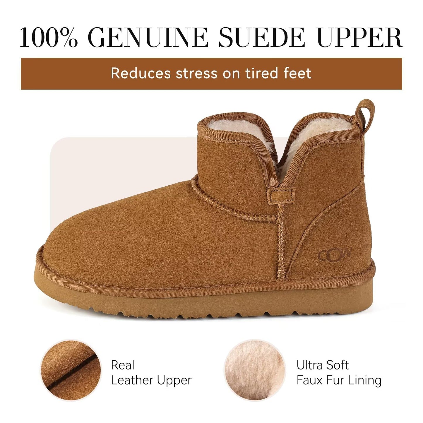 OOW Winter Ankle Genuine Suede Boots for Women Snow Slip On Comfort Short Booties Fall Warm Casual Fuzzy Shoes for Indoor & Outdoor