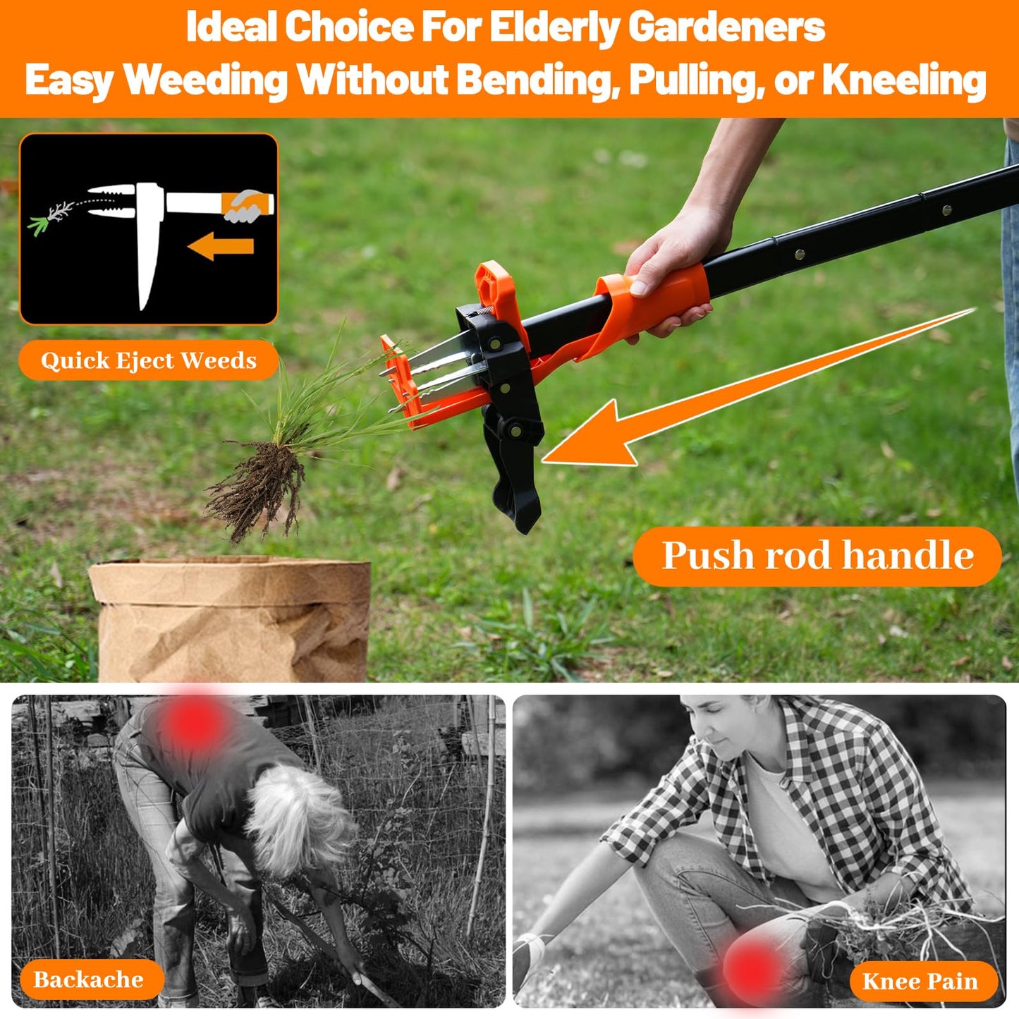 WATFIGBY Weed Puller Tool, Stand Up Weed Puller Heavy Duty, Weeding Tool with 39" Ergonomic Long Handle and 4 Manganese Steel Claws, Easy Eject Mechanism, Weeding Without Bending, Pulling, or Kneeling